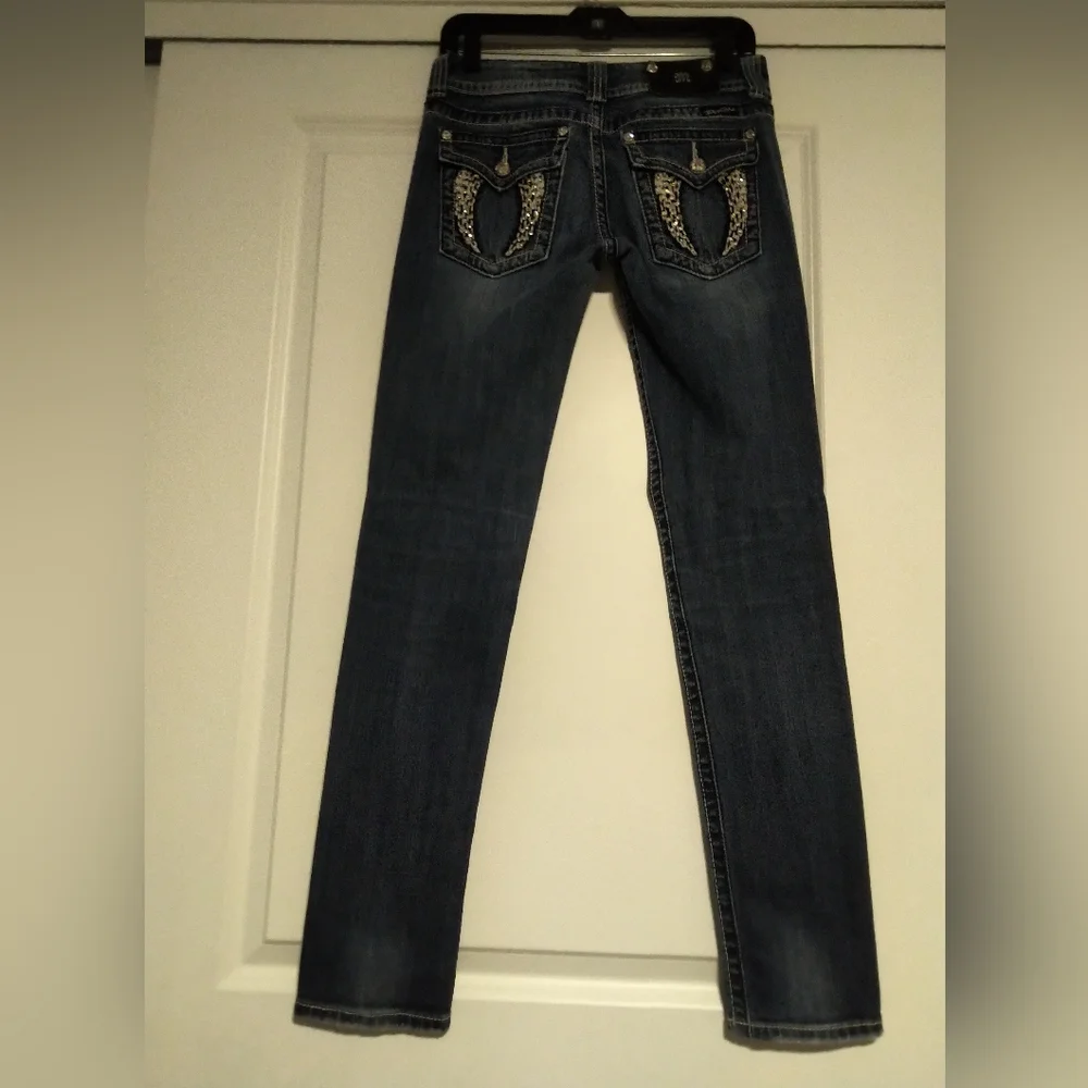 Miss Me Dark Blue Skinny Jeans with Embellished Pockets - Size 28